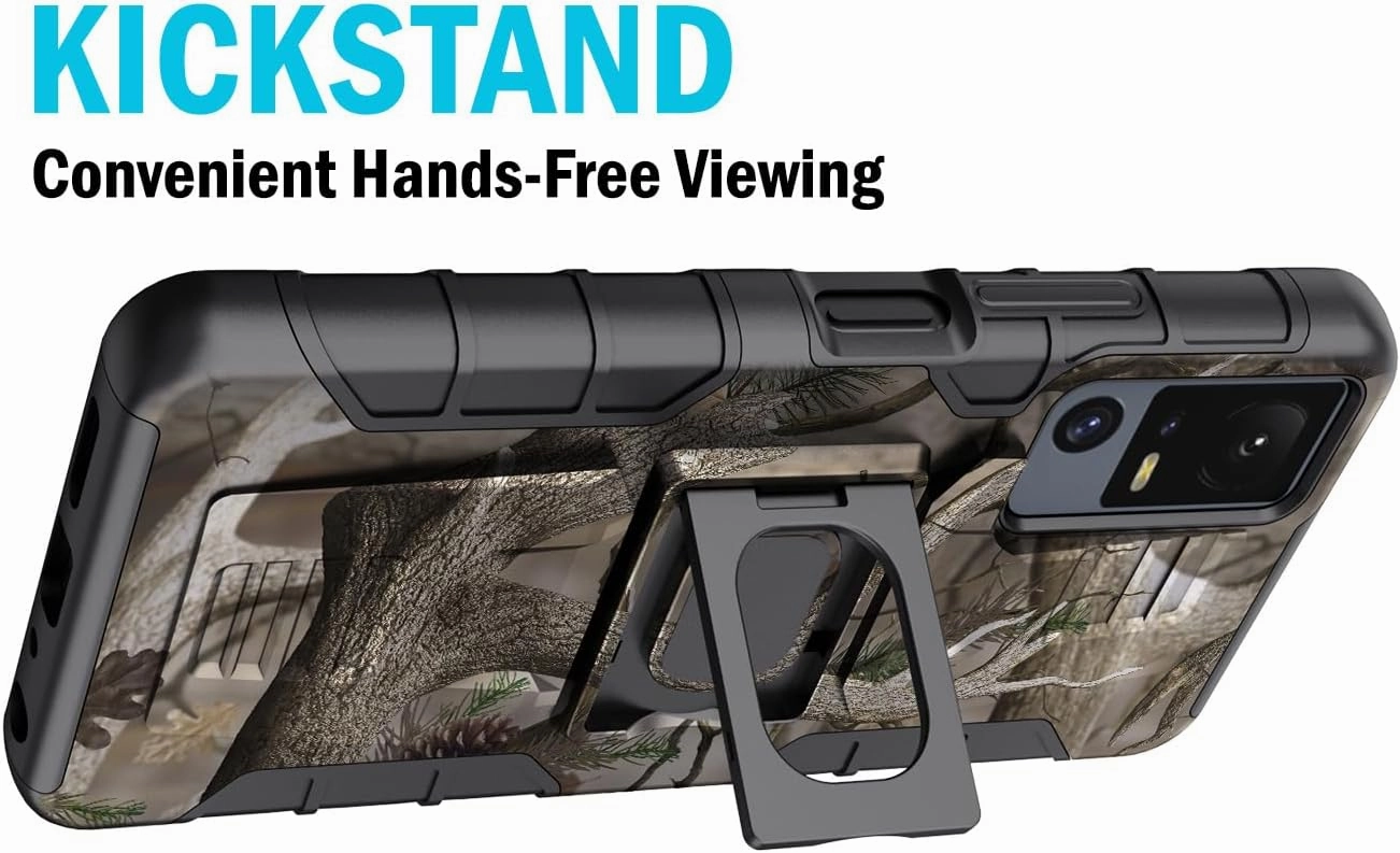 Case with Clip for Jitterbug Smart4 / TCL 40XL, Nakedcellphone Rugged Ring Grip Cover with Stand and [Belt Hip Holster] for Lively Smart 4 Phone (2023, T608G) - Outdoor Camo Tree Design