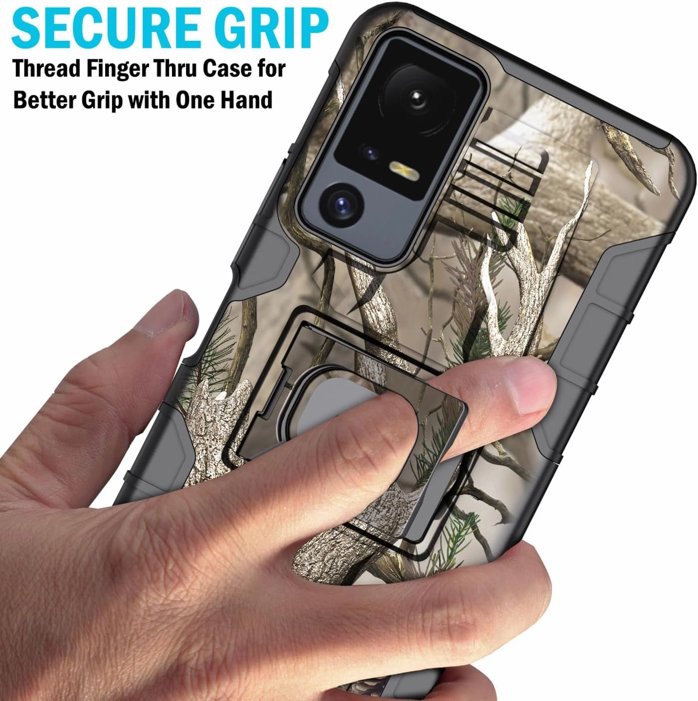 Case with Clip for Jitterbug Smart4 / TCL 40XL, Nakedcellphone Rugged Ring Grip Cover with Stand and [Belt Hip Holster] for Lively Smart 4 Phone (2023, T608G) - Outdoor Camo Tree Design