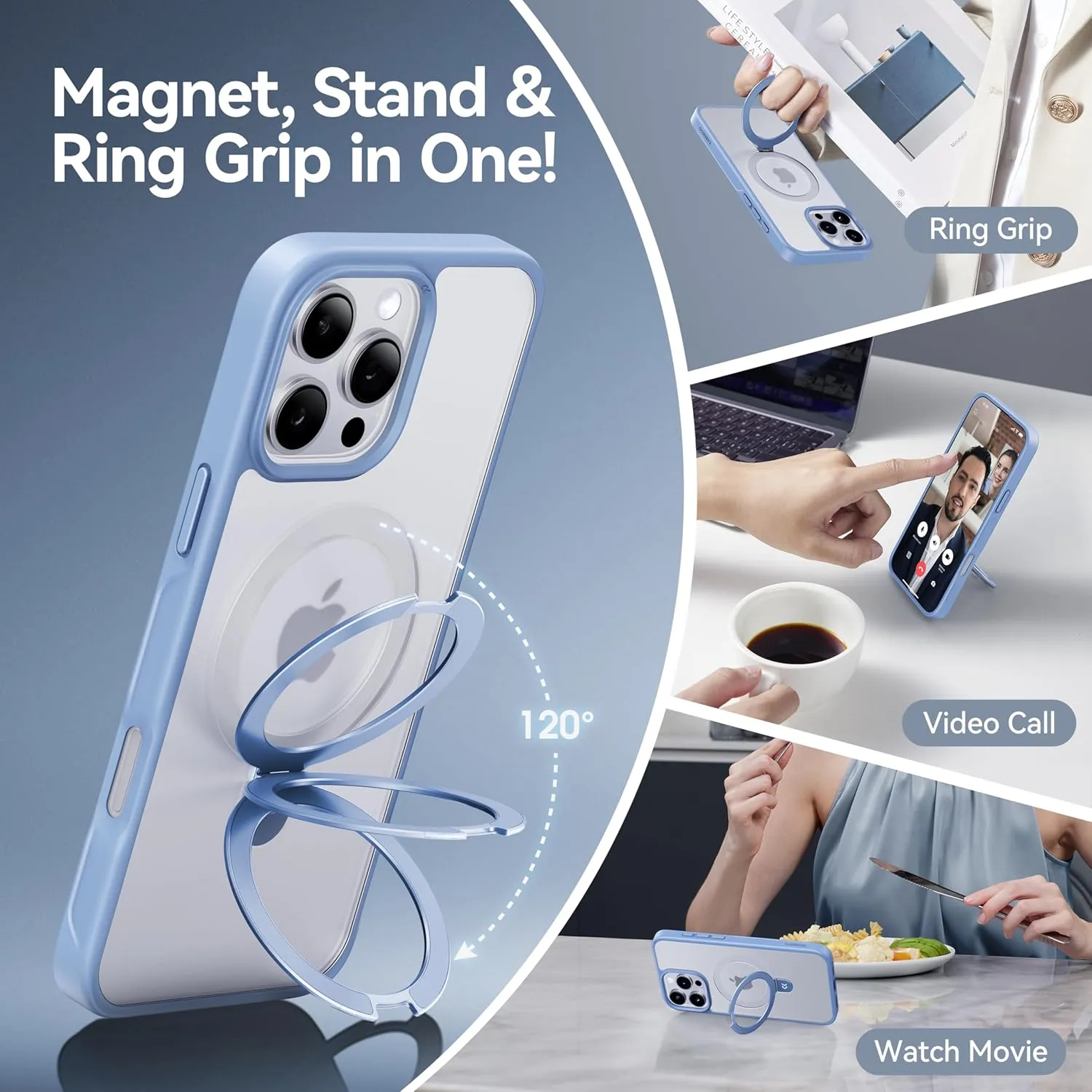CASEKOO Designed for iPhone 16 Pro Case with Magnetic Invisible Stand [Military Drop Protection] [Compatible with MagSafe] Shockproof Slim Translucent Matte Case 6.3 Inch, Light Blue