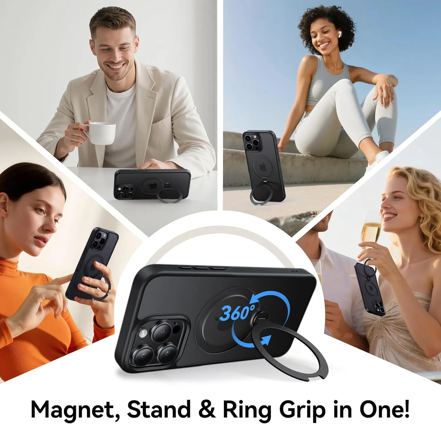 CASEKOO Patented 360° Spin Magnetic Stand for iPhone 16 Pro Case [Military Drop Protection] [Non-Slip Edge] [Compatible with MagSafe] Matte Shockproof Slim for iPhone 16 Pro Case 6.3'', Black