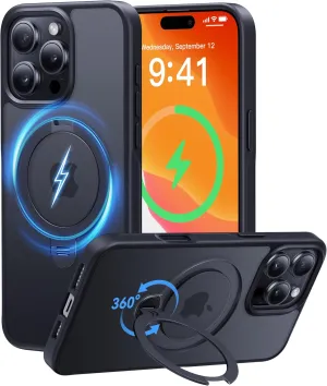 CASEKOO Patented 360° Spin Magnetic Stand for iPhone 16 Pro Case [Military Drop Protection] [Non-Slip Edge] [Compatible with MagSafe] Matte Shockproof Slim for iPhone 16 Pro Case 6.3'', Black