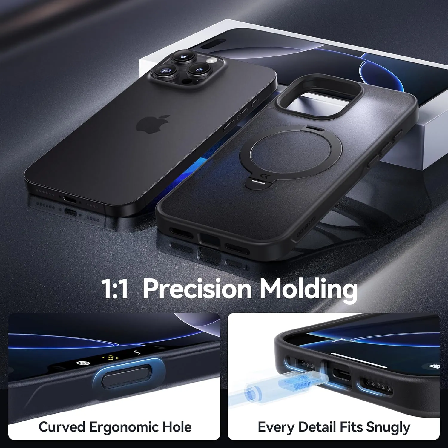 CASEKOO Patented 360° Spin Magnetic Stand for iPhone 16 Pro Case [Military Drop Protection] [Non-Slip Edge] [Compatible with MagSafe] Matte Shockproof Slim for iPhone 16 Pro Case 6.3'', Black