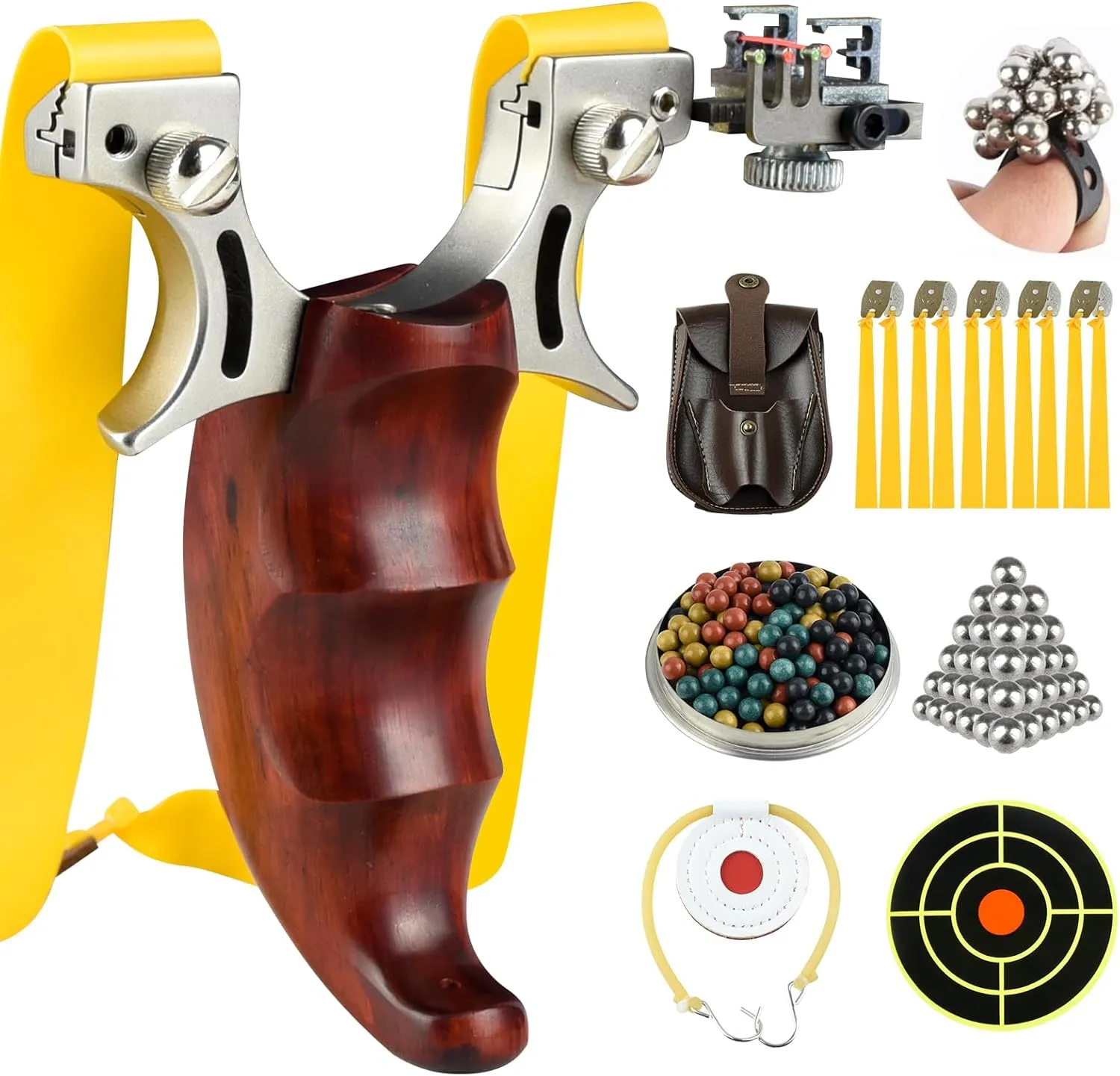 Catch&Hunt Slingshot, Hunting sling shot, Adult Professional Stainless Steel Tactical Slingshots, Wooden Handle, Rubber Band with Ammo, Ammunition bag, Target paper