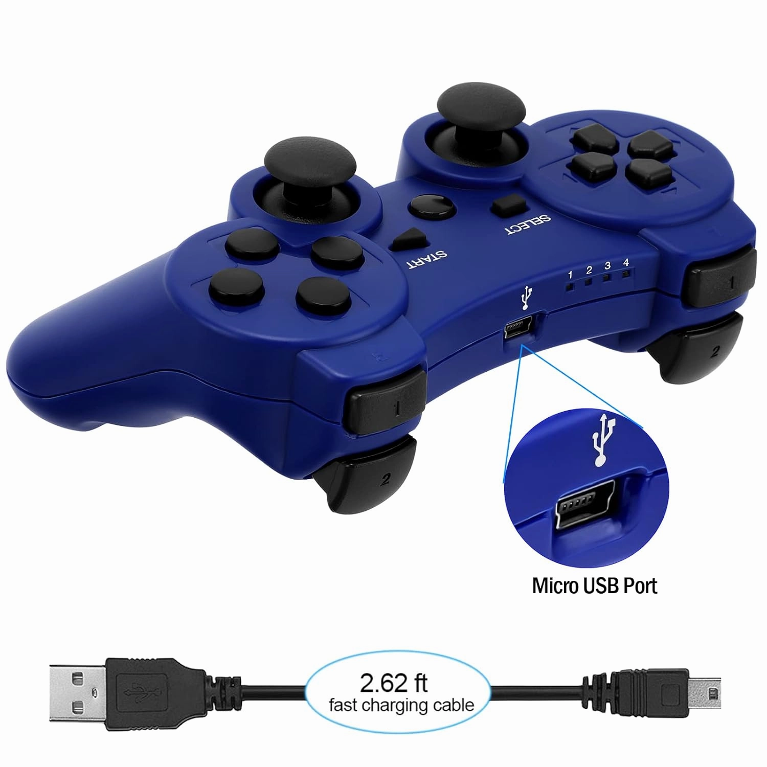 Ceozon PS3 Controller 2 Pack with Six-Axis Dual Vibration Wireless Control with Charging Cables Black   Blue