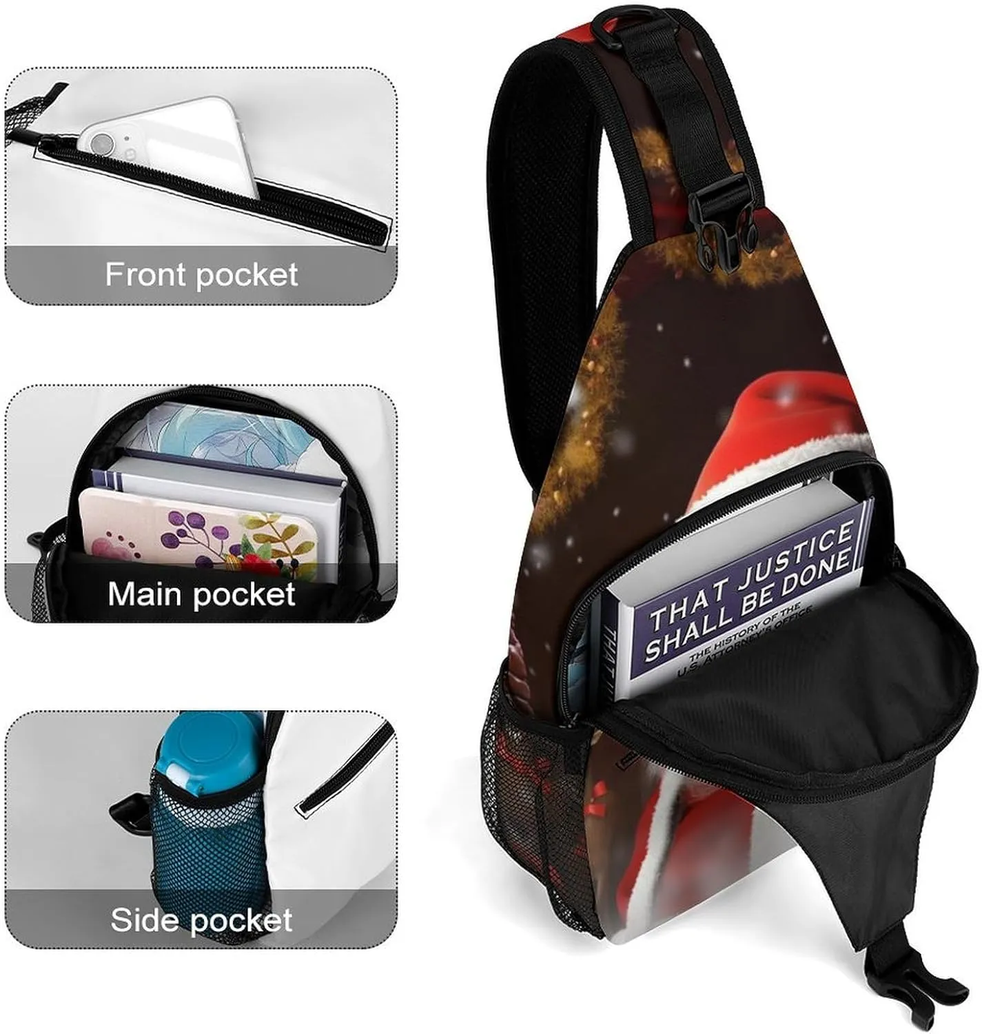 Chest Bag Sling Bag for Men Women Santa Christmas Zoom Sport Sling Backpack Lightweight Shoulder Bag for Travel, 38x20cm