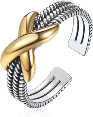 ChicSilver Retro Cuban Link Chain/Criss Cross Rings 925 Sterling Silver and Brass Oxidized Ring Open Adjustable Rings for Women(with Gift Box)
