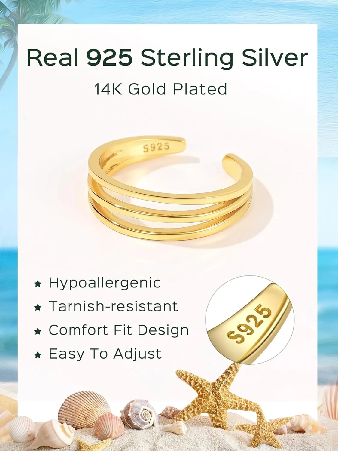ChicSilver Sterling Silver Toe Rings for Women 14K Gold Toe Rings for Women Open Adjustable Toe Ring for Women Toe Jewelry for Summer Beach