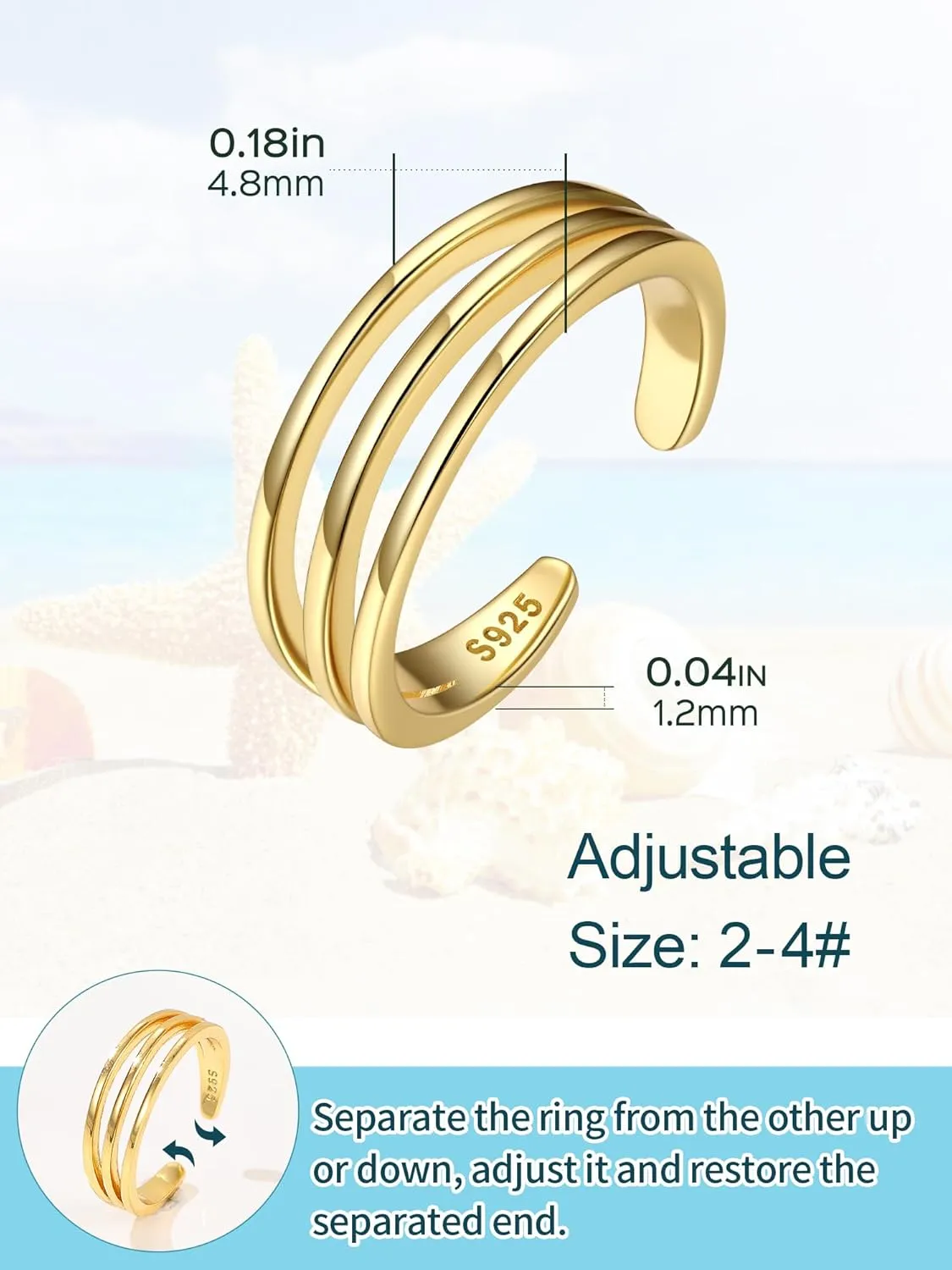 ChicSilver Sterling Silver Toe Rings for Women 14K Gold Toe Rings for Women Open Adjustable Toe Ring for Women Toe Jewelry for Summer Beach