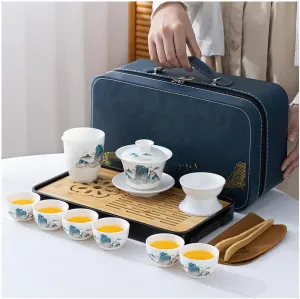 Chinese Kung Fu White Jades Tea Set 13PCS, Yangzhi Jade tea sets, Portable Ceramic TeaSet Including Bamboo Tea Tray, Porcelain Teapot, Tea Cups, Travel Bag for Travel,Home,Gifting (Pinus larix)