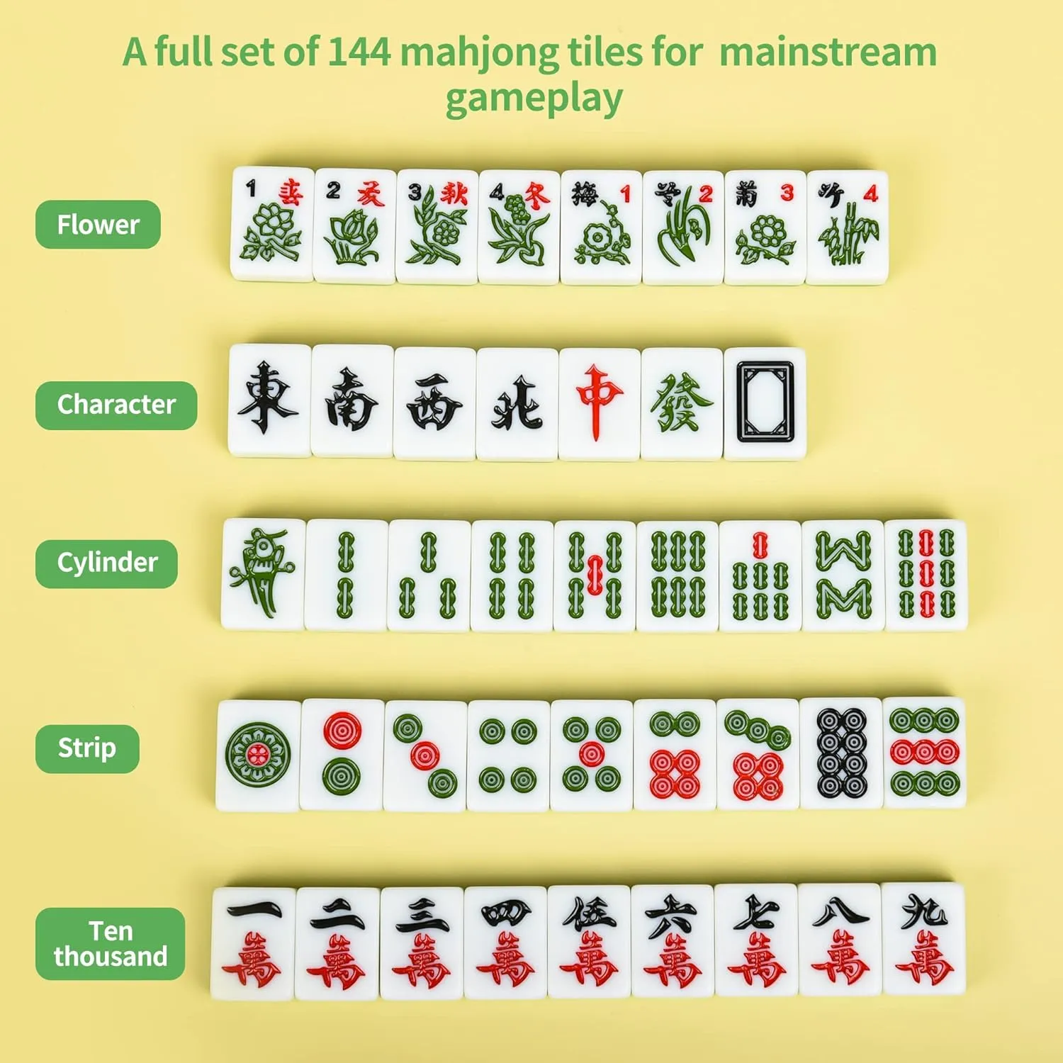 Chinese Small Green Travel Mahjong Sets, 144 Melamine Tiles 1.18"(30mm) Size with Portable Travel Handbag Complete Mahjong Game Set