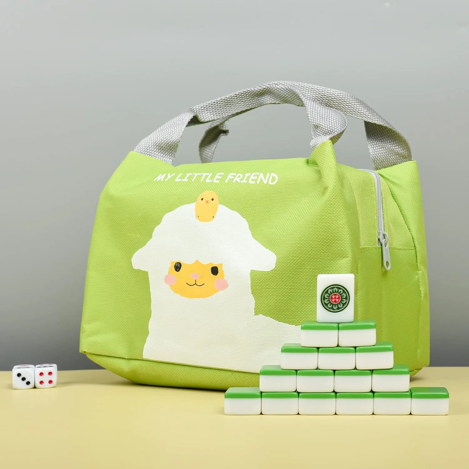 Chinese Small Green Travel Mahjong Sets, 144 Melamine Tiles 1.18"(30mm) Size with Portable Travel Handbag Complete Mahjong Game Set