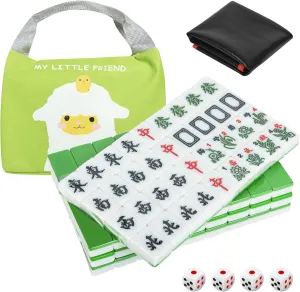 Chinese Small Green Travel Mahjong Sets, 144 Melamine Tiles 1.18"(30mm) Size with Portable Travel Handbag Complete Mahjong Game Set