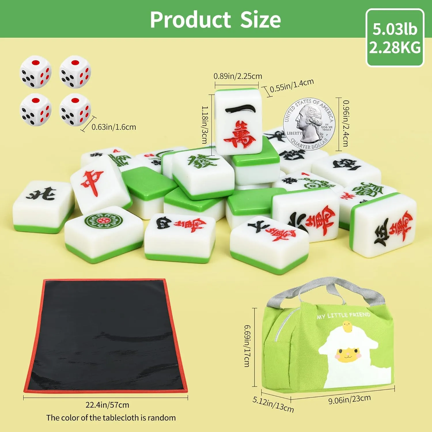 Chinese Small Green Travel Mahjong Sets, 144 Melamine Tiles 1.18"(30mm) Size with Portable Travel Handbag Complete Mahjong Game Set