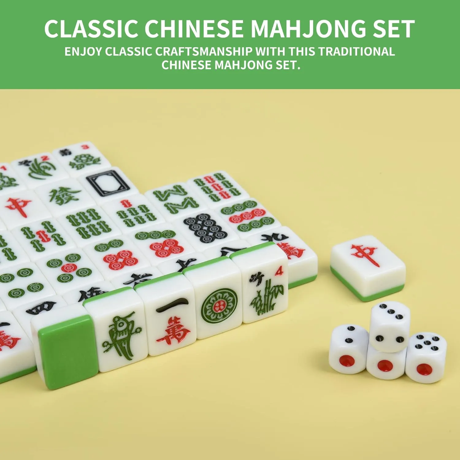 Chinese Small Green Travel Mahjong Sets, 144 Melamine Tiles 1.18"(30mm) Size with Portable Travel Handbag Complete Mahjong Game Set