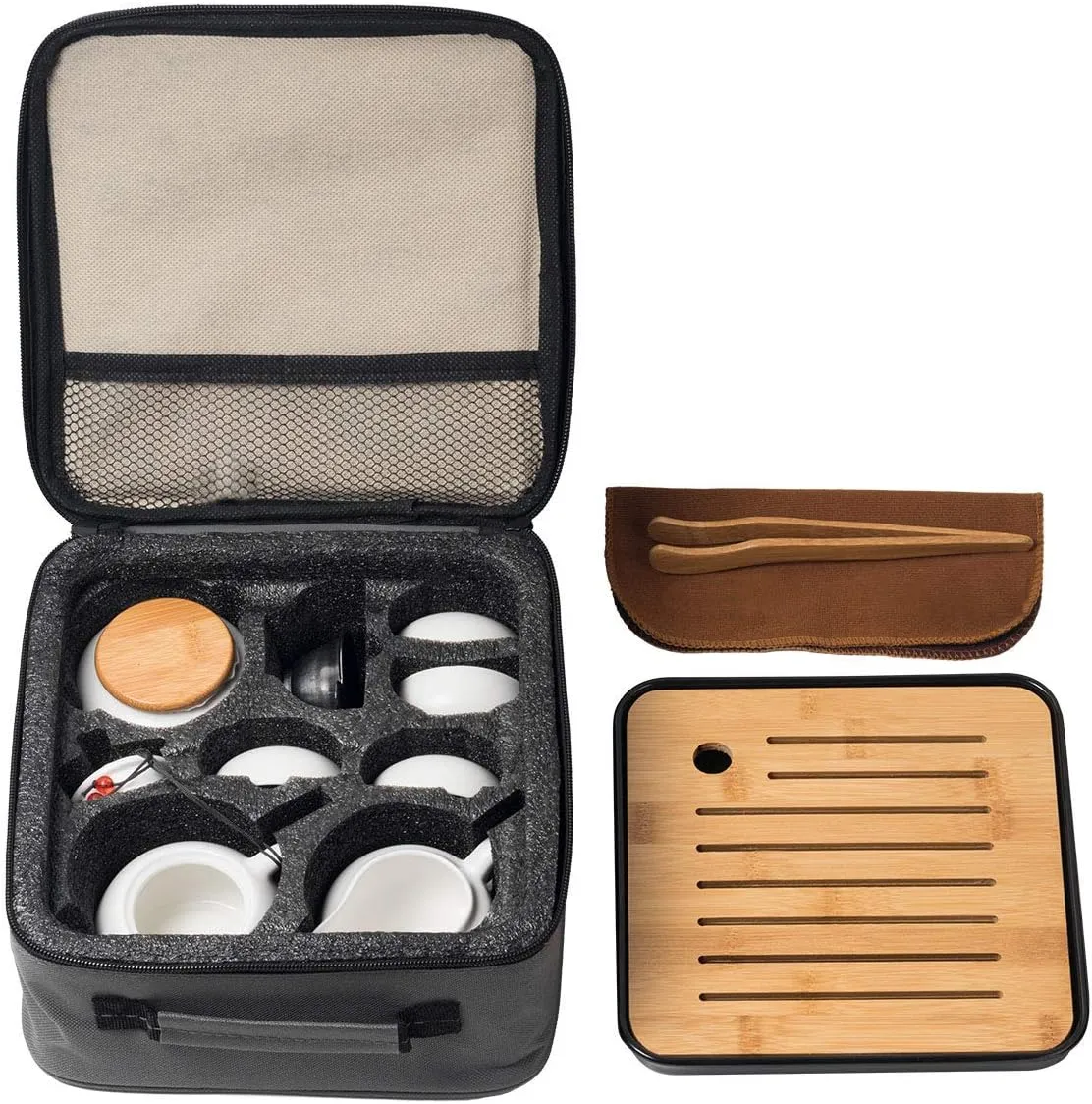 Chinese Tea Pot Cup Set with Tray Infuser - Travel Ceramic Tea set Porcelain Teapot, Portable All in One Bag for Outdoor Picnic Business Hotel (White)