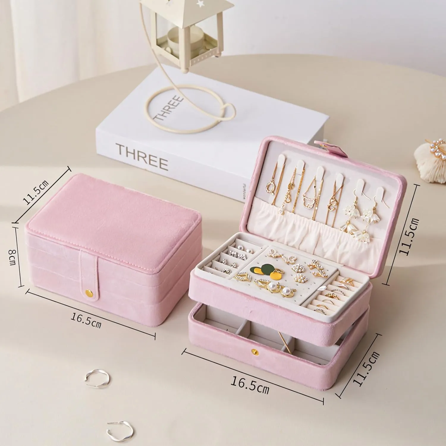 cjc 2 - Layer Jewelry Box for Women,Travel Jewelry Case Plush Velvet Jewelry Organizers Storage Ring Boxes Eardrop Holder for Necklaces Rings Earrings Bracelets, Best Gifts for Wife Women Mom (Pink)