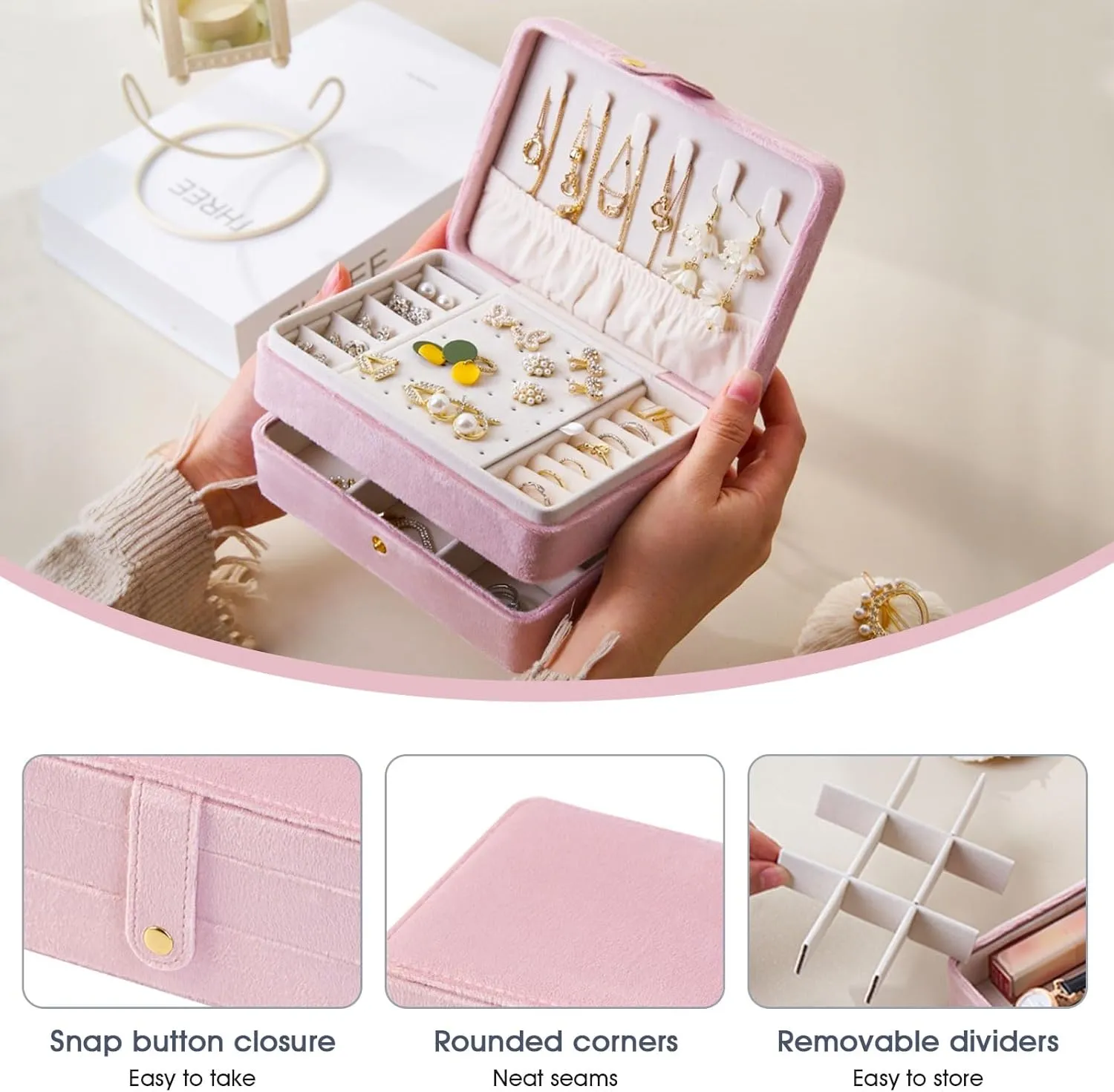 cjc 2 - Layer Jewelry Box for Women,Travel Jewelry Case Plush Velvet Jewelry Organizers Storage Ring Boxes Eardrop Holder for Necklaces Rings Earrings Bracelets, Best Gifts for Wife Women Mom (Pink)