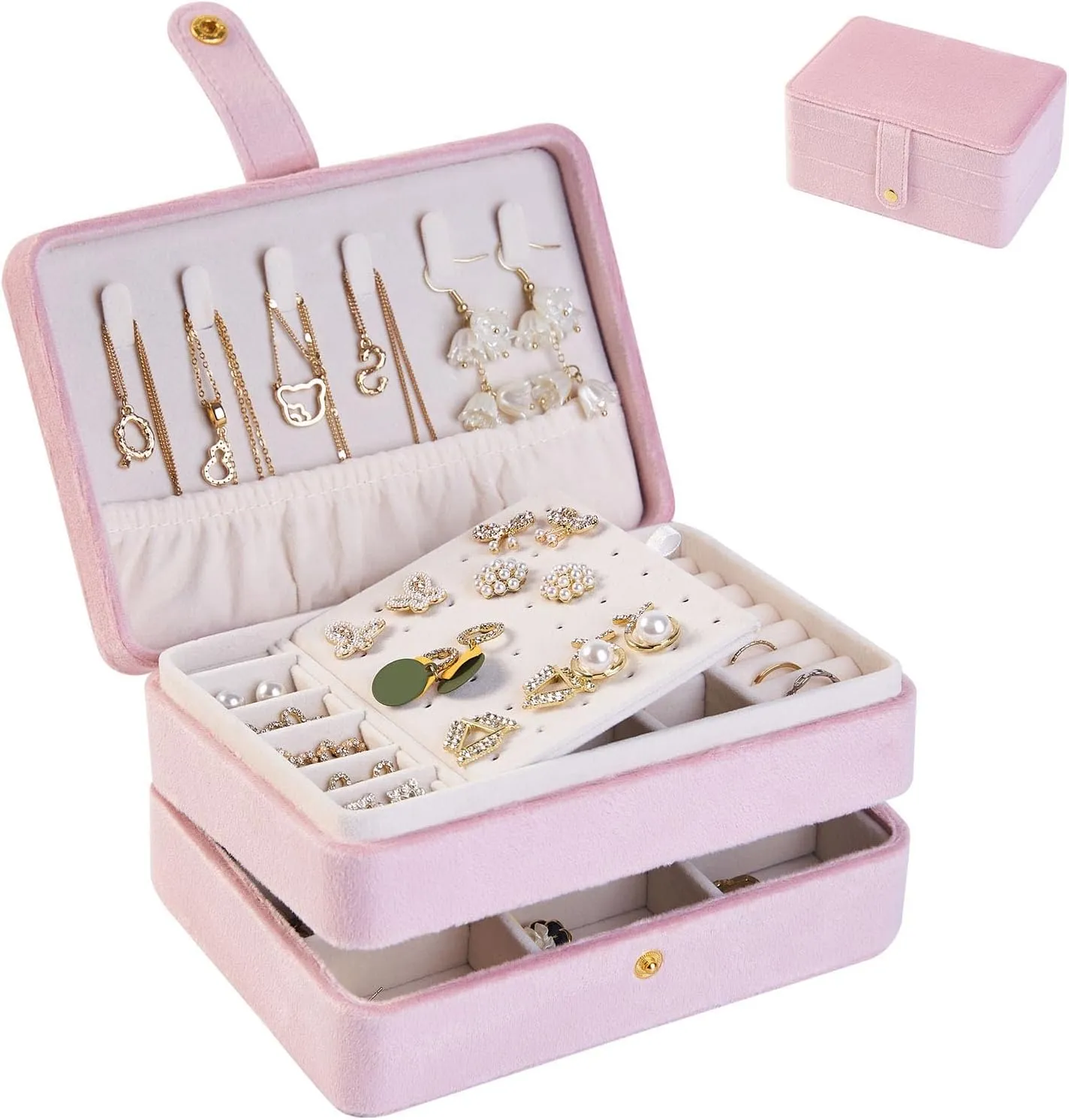 cjc 2 - Layer Jewelry Box for Women,Travel Jewelry Case Plush Velvet Jewelry Organizers Storage Ring Boxes Eardrop Holder for Necklaces Rings Earrings Bracelets, Best Gifts for Wife Women Mom (Pink)