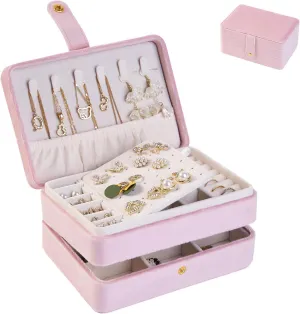 cjc 2 - Layer Jewelry Box for Women,Travel Jewelry Case Plush Velvet Jewelry Organizers Storage Ring Boxes Eardrop Holder for Necklaces Rings Earrings Bracelets, Best Gifts for Wife Women Mom (Pink)