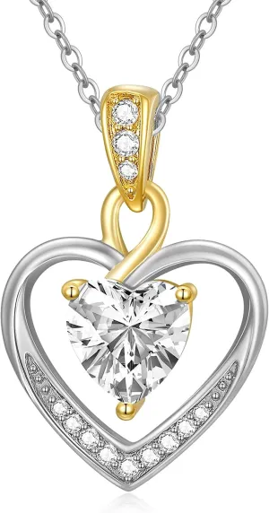 Classic 14K Gold Heart Necklace for Women, Dainty Gold Love Heart Pendant with Sparkling Created Diamond Forever Love Jewelry Gift for Mom, Wife, Girlfriend 16"-18"