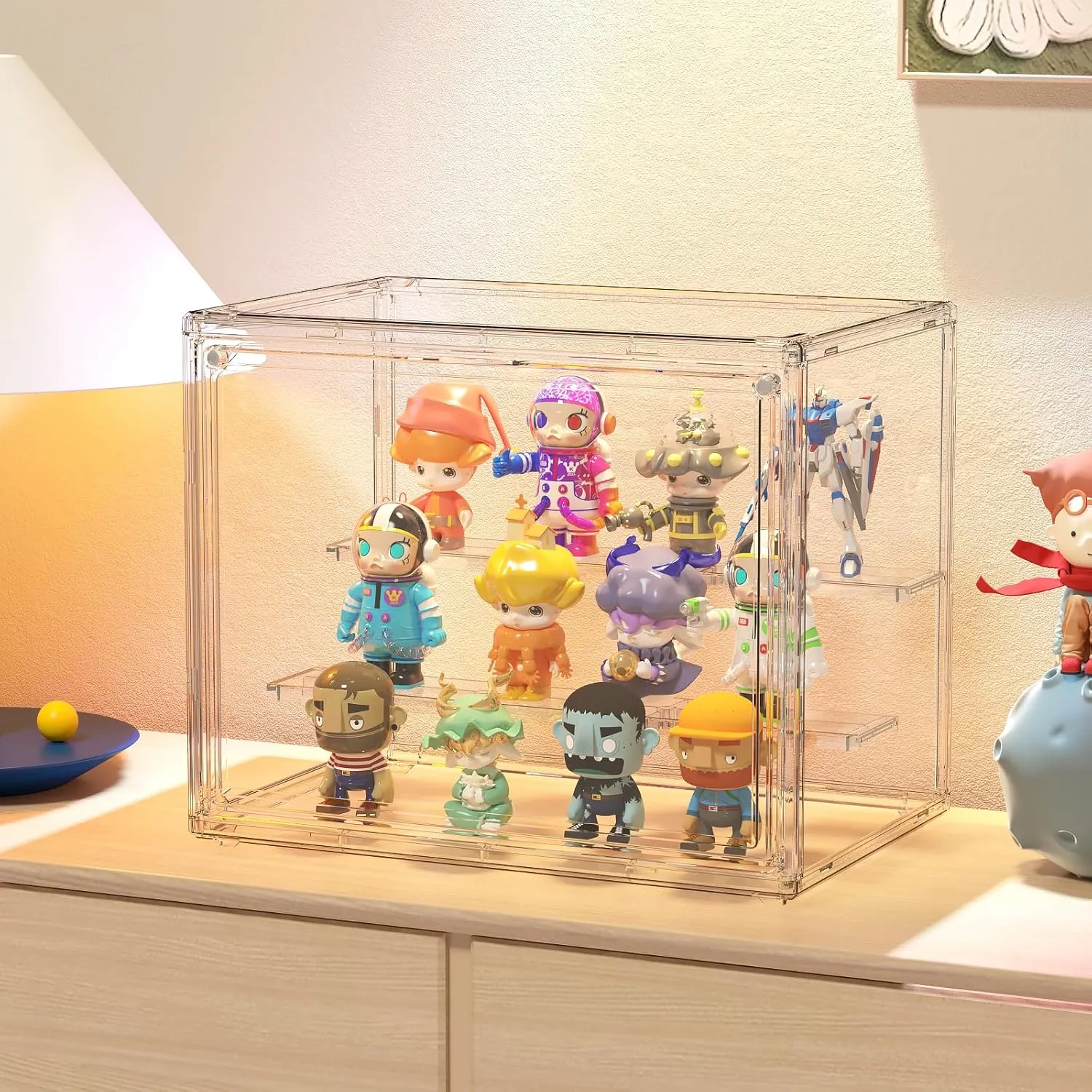 Clear Acrylic Display Case for Collectibles, 3 Tier Adjustable Figure Display Case with Magnetic Door, Dustproof Stackable Display Box for Action Figures Collections Showcase(Small Size)