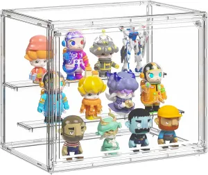 Clear Acrylic Display Case for Collectibles, 3 Tier Adjustable Figure Display Case with Magnetic Door, Dustproof Stackable Display Box for Action Figures Collections Showcase(Small Size)