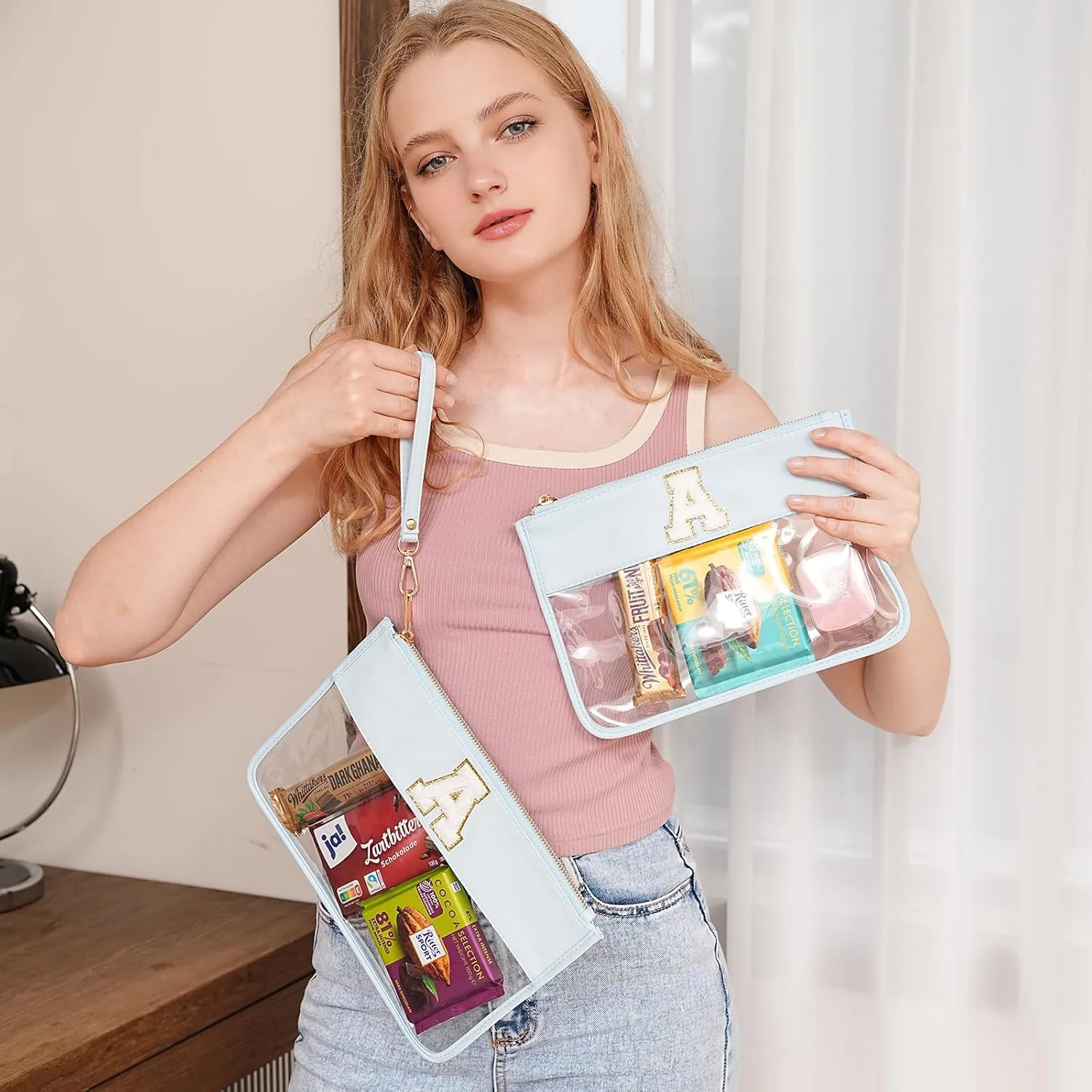 Clear Makeup Bag Set 2pcs Glitter Chenille Monogram Snacks Bag Travel Essentials Flat Zipper Pouch Cosmetic Brush Bag for Women (Blue Set-E)