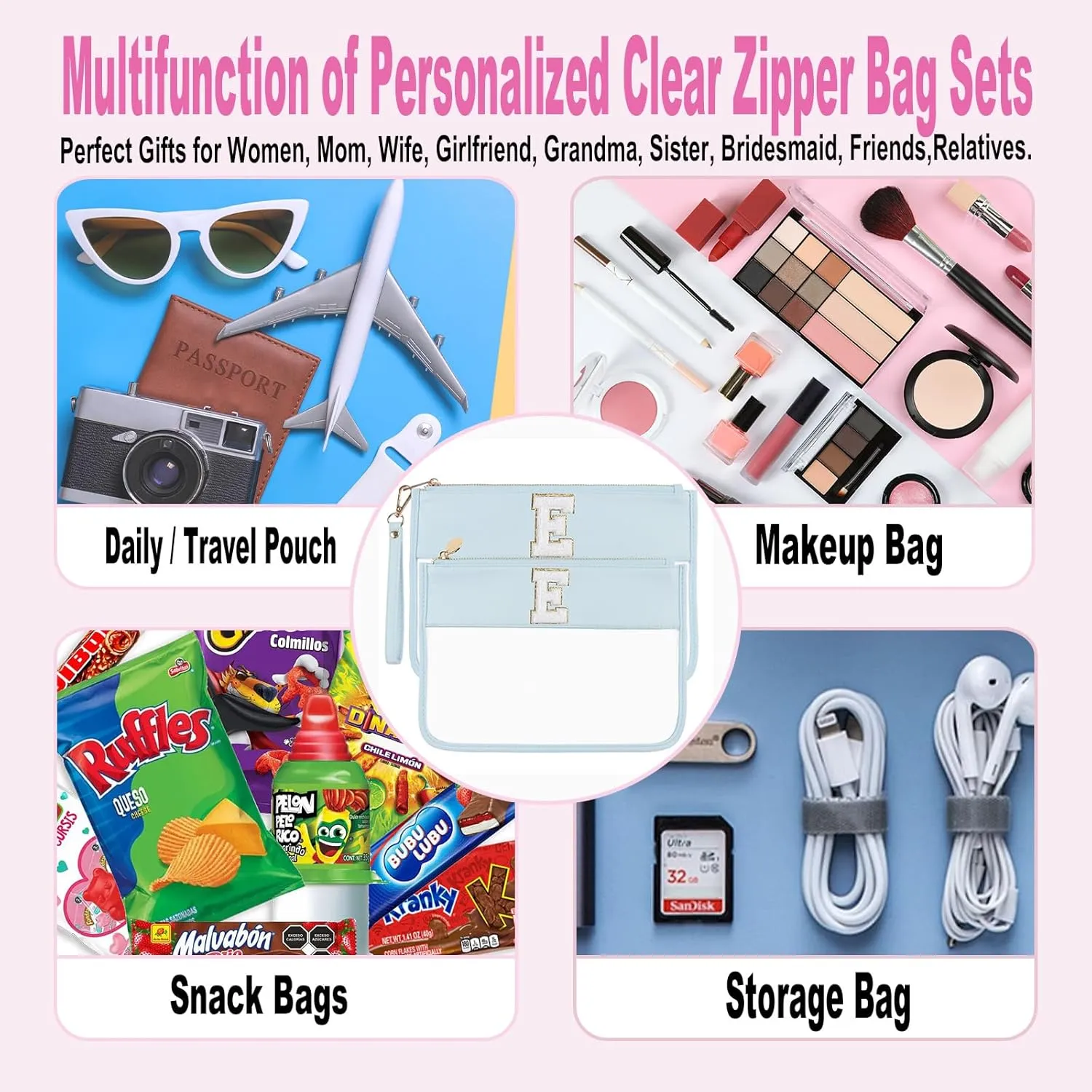 Clear Makeup Bag Set 2pcs Glitter Chenille Monogram Snacks Bag Travel Essentials Flat Zipper Pouch Cosmetic Brush Bag for Women (Blue Set-E)