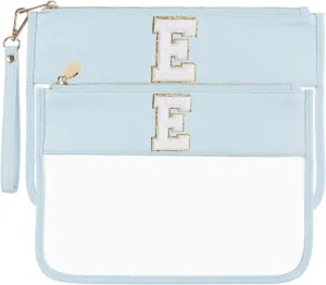 Clear Makeup Bag Set 2pcs Glitter Chenille Monogram Snacks Bag Travel Essentials Flat Zipper Pouch Cosmetic Brush Bag for Women (Blue Set-E)
