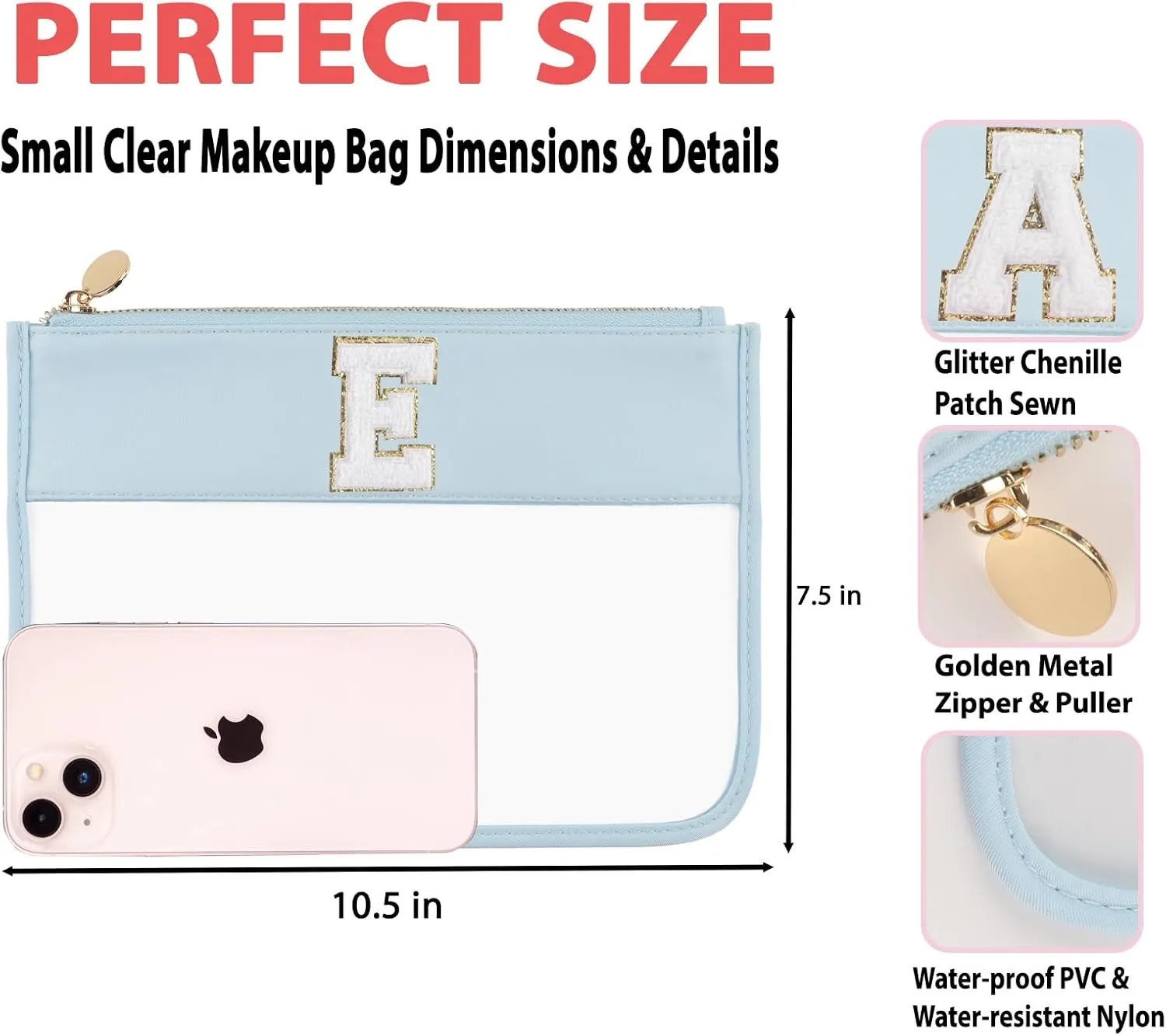 Clear Makeup Bag Set 2pcs Glitter Chenille Monogram Snacks Bag Travel Essentials Flat Zipper Pouch Cosmetic Brush Bag for Women (Blue Set-E)