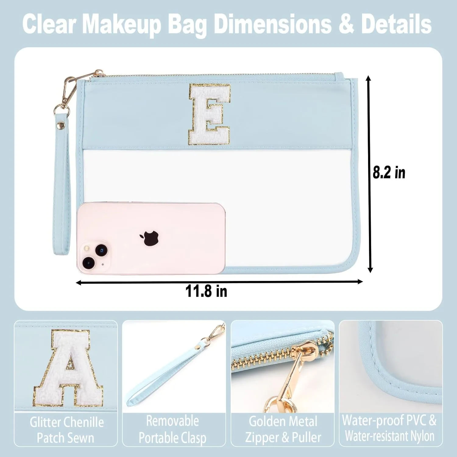 Clear Makeup Bag Set 2pcs Glitter Chenille Monogram Snacks Bag Travel Essentials Flat Zipper Pouch Cosmetic Brush Bag for Women (Blue Set-E)