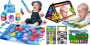 Cloth Fishing Game Baby Toys & Tummy Time Mirror Toys with Cloth Books for Baby 0-12 Months 1 2 3 Year Boy Girl