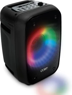 Coby Blaze Light-Up Bluetooth Speaker | True Wireless Portable Speaker with 3 Light Modes | Music & Call Controls | Rechargeable Boombox Karaoke Music Player with Handle | USB, FM, TF Card, Mic Input