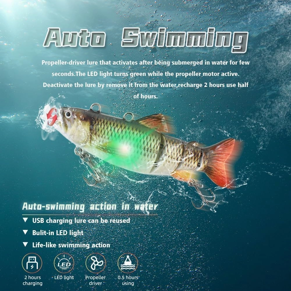 Colitt Robotic Swimming Fishing Lure, USB Rechargeable Electric Fishing Lure, Led Light Robot Fish Bait, for Many Waters