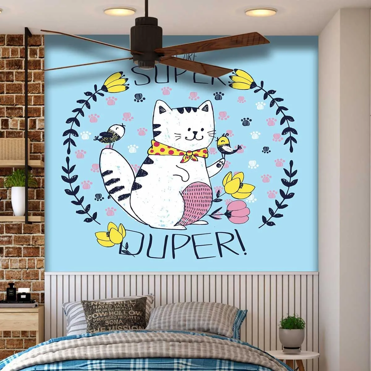 College Dorm Room Wallpaper Sky Blue Cute Cat Cabinet Wallpaper Dollhouse No Extra Glue Needed (W) 78.7Inch X(H) 78.7Inch
