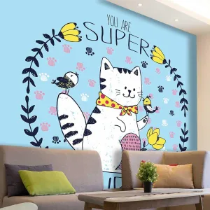 College Dorm Room Wallpaper Sky Blue Cute Cat Cabinet Wallpaper Dollhouse No Extra Glue Needed (W) 78.7Inch X(H) 78.7Inch
