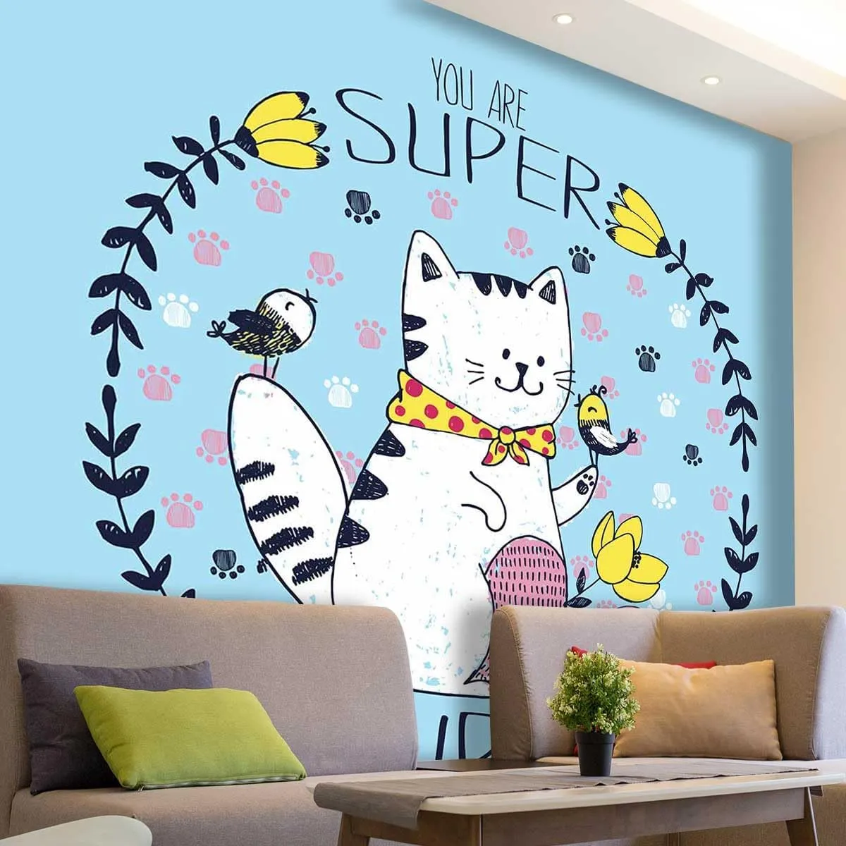 College Dorm Room Wallpaper Sky Blue Cute Cat Cabinet Wallpaper Dollhouse No Extra Glue Needed (W) 78.7Inch X(H) 78.7Inch