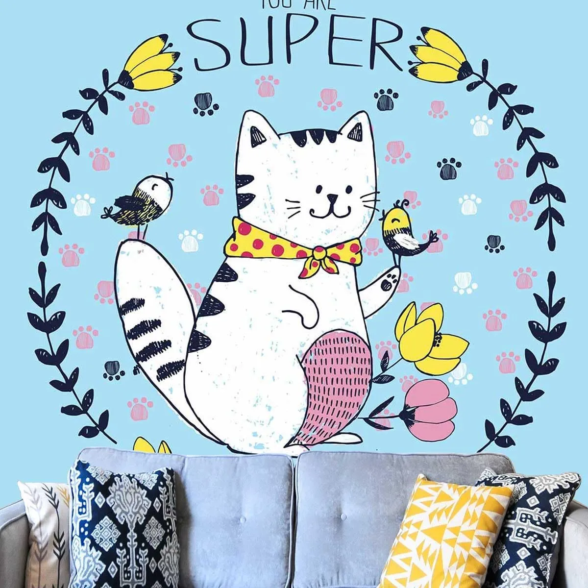 College Dorm Room Wallpaper Sky Blue Cute Cat Cabinet Wallpaper Dollhouse No Extra Glue Needed (W) 78.7Inch X(H) 78.7Inch