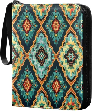 Colorful Ethnic Geometric Card Binder 4-Pocket, 400 Pockets Card Holder with 50 Removable Sleeves and Zipper for Games Baseball Football Sports Card