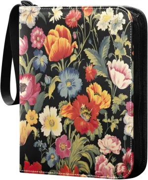 Colorful Floral Pattern Card Binder 4-Pocket, 400 Pockets Card Holder with 50 Removable Sleeves and Zipper for Games Baseball Football Sports Card