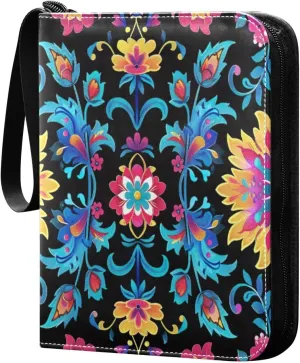Colorful Floral Pattern Card Binder 4-Pocket, 400 Pockets Card Holder with 50 Removable Sleeves and Zipper for Games Baseball Football Sports Card