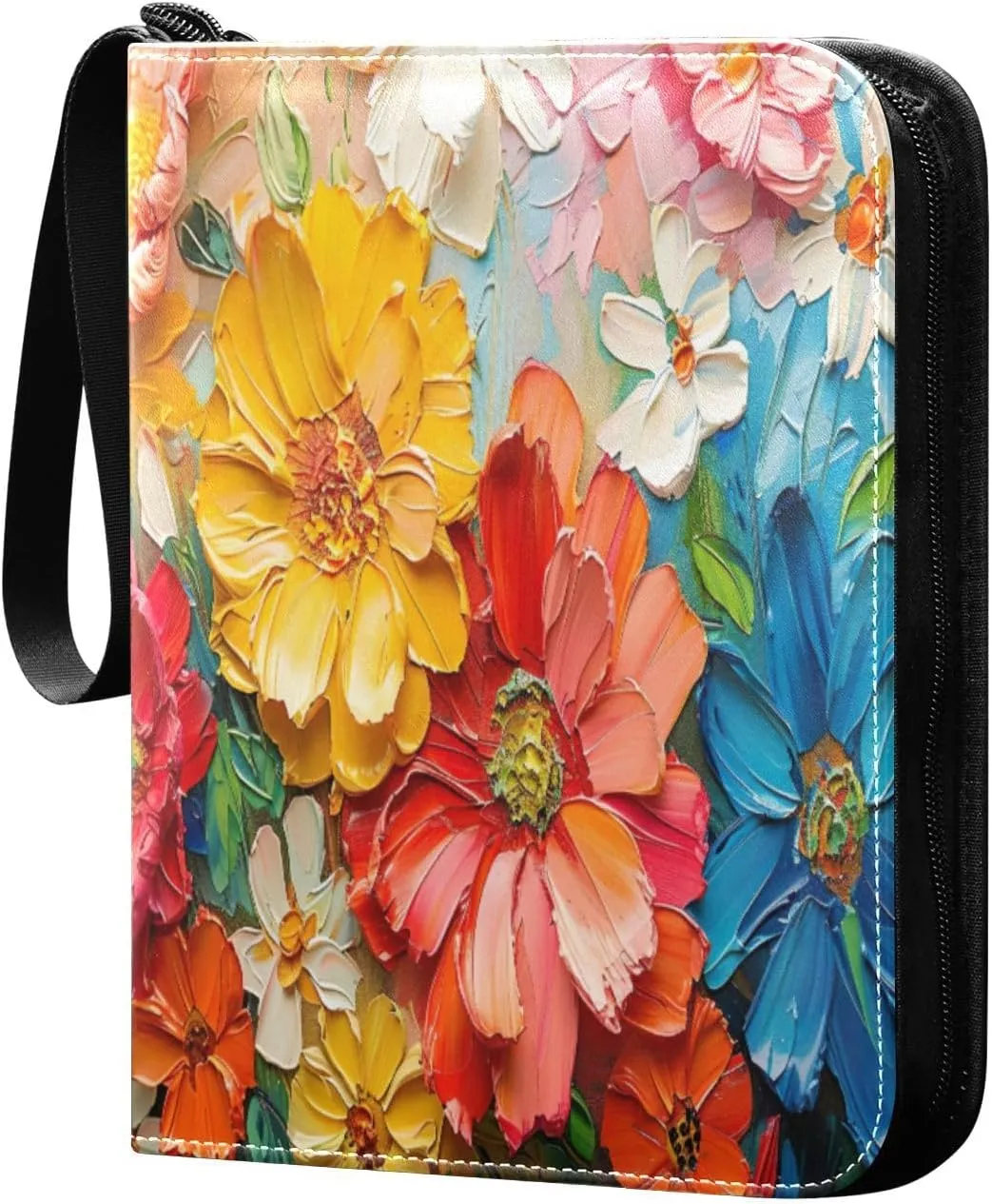 Colorful Flower Painting Card Binder 4-Pocket, 400 Pockets Card Holder with 50 Removable Sleeves and Zipper for Games Baseball Football Sports Card
