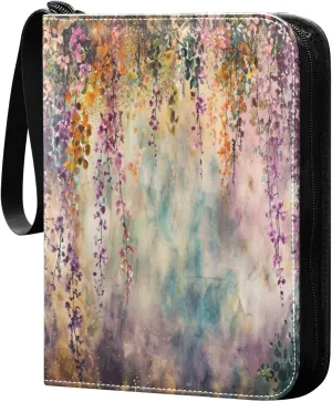 Colorful Flower Painting Card Binder 4-Pocket, 400 Pockets Card Holder with 50 Removable Sleeves and Zipper for Games Baseball Football Sports Card