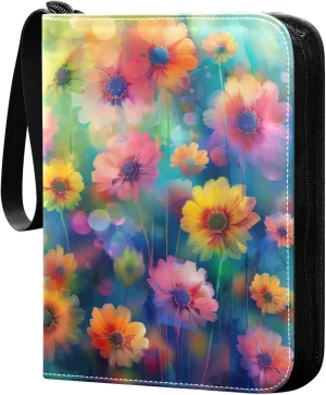 Colorful Flowers Painting Card Binder 4-Pocket, 400 Pockets Card Holder with 50 Removable Sleeves and Zipper for Games Baseball Football Sports Card
