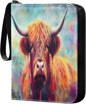 Colorful Highland Cow Card Binder 4-Pocket, 400 Pockets Card Holder with 50 Removable Sleeves and Zipper for Games Baseball Football Sports Card