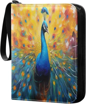 Colorful Peacock Painting Card Binder 4-Pocket, 400 Pockets Card Holder with 50 Removable Sleeves and Zipper for Games Baseball Football Sports Card