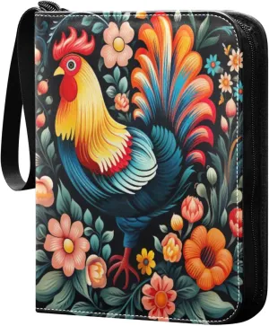 Colorful Rooster Card Binder 4-Pocket, 400 Pockets Card Holder with 50 Removable Sleeves and Zipper for Games Baseball Football Sports Card