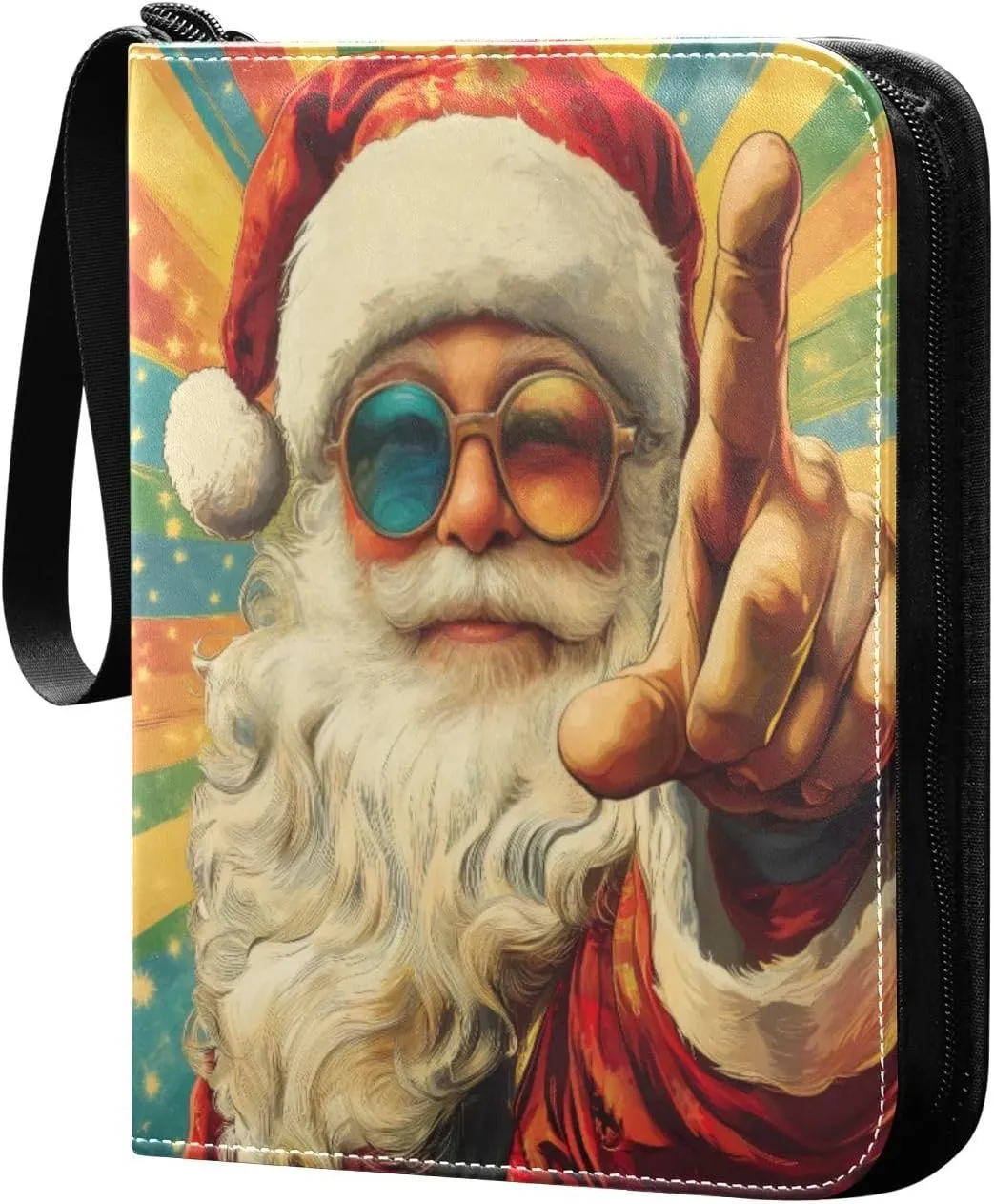 Colorful Santa Claus Card Binder 4-Pocket, 400 Pockets Card Holder with 50 Removable Sleeves and Zipper for Games Baseball Football Sports Card