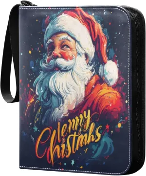 Colorful Santa Claus Card Binder 4-Pocket, 400 Pockets Card Holder with 50 Removable Sleeves and Zipper for Games Baseball Football Sports Card
