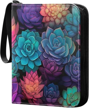 Colorful Succulents Card Binder 4-Pocket, 400 Pockets Card Holder with 50 Removable Sleeves and Zipper for Games Baseball Football Sports Card